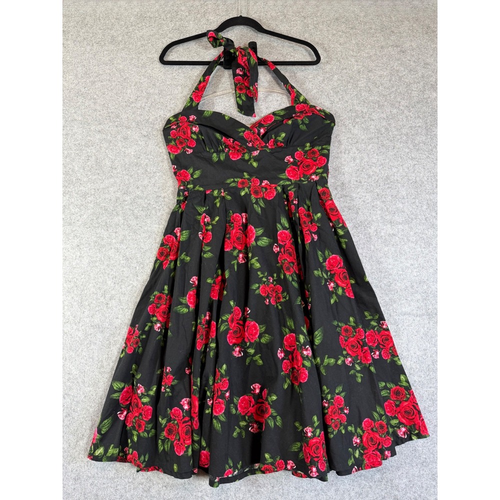 Hell Bunny Vixen Halter Dress Womens L Black Red Rose Vintage Style Excellent